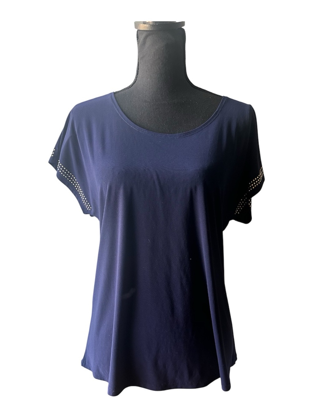 Diana Belle Navy Rhinestone Studded Short Sleeve Blouse Size L Elegant